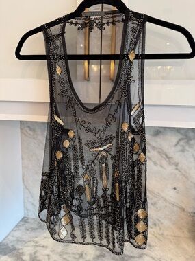 BNWOT Beaded Sheer Tank Top | Black & Gold Embellished Mesh | Festival Glam | M